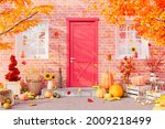 Red Front Door With Autumn...