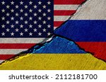 cracked concrete wall with painted united states, russia and ukraine flags