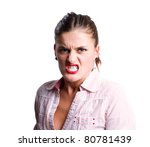 Small photo of aggressive young woman looks as if she's about to become violent