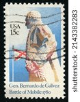Small photo of SINGAPORE – APRIL 7, 2022: A stamp printed in USA shows image of Gen Bernardo De Galvez, circa 1980