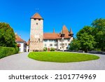 Spiez Castle or Schloss Spiez and Schlosskirche Church near Thun lake in Spiez town of Bern canton in Switzerland