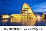 Small photo of BAKU, AZERBAIJAN - SEPTEMBER 12, 2016: The Heydar Aliyev Center at night. It is a building complex in Baku in Azerbaijan, noted for its distinctive architecture and flowing, curved style.