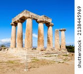Small photo of Temple of Apollo in Ancient Corinth, Peloponnese peninsula, Greece. Ancient Corinth was one of the largest and most important cities of Greece.
