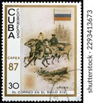 Small photo of CUBA - CIRCA 1987: a stamp printed in Cuba shows mail troika from Russia, mail carrier pictured on cigarette cards, circa 1987