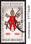 Small photo of BELGIUM - CIRCA 1966: a stamp printed in the Belgium shows Arms of Pope Paul VI, 75th Anniversary of the Encyclical by Pope Leo XIII Rerum Novarum, circa 1966
