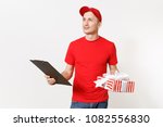 delivery man in red uniform... | Shutterstock . vector #1082556830