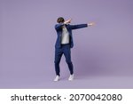 Small photo of Full size body length young successful employee business man lawyer 20s wear formal blue suit white t-shirt do dab hip hop dance hands move gesture isolated on pastel purple background studio portrait