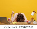 Young sleepy employee business woman wear casual shirt sit work at office with pc laptop put head down on desk sleep show thumb up isolated on plain yellow color background Achievement career concept