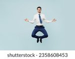 Small photo of Full body young employee IT business man corporate lawyer wear classic formal shirt tie work in office spread hand in yoga om aum gesture relax meditate try calm down isolated on plain blue background