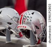 Small photo of Ohio State Helmets - NCAA Division 1 Football University of Maryland Terrapins Vs. Ohio State Buckeyes on November 11th 2019 at the Ohio State Stadium in Columbus, Ohio USA