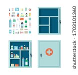 Medicine chest full of drugs, pills and bottles. Empty metal open and closed medical cabinet. Medications that can be put in the first aid kit. Vector illustration in flat style on white background