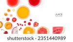 Small photo of Creative layout made of smoothies and fruits around. Flat lay. Food concept. Smoothies on the white background with watermelon, strawberries, apricot, orange, raspberry, dragonfruit and grapefruit.