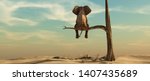 Elephant stands on thin branch of withered tree in surreal landscape. This is a 3d render illustration