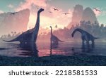 Brachiosaurus dinosaur in water next to islands with palm trees. This is a 3d render illustration