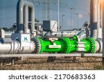 Green Hydrogen renewable energy production pipeline - green hydrogen gas for clean electricity solar and windturbine facility. 