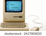 Small photo of Aachen, Germany - March 14, 2014: Studioshot of an original Macintosh 128k called Apple Macintosh on white background. This was the first produced Mac, released on january 1984