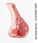 Small photo of Raw bone-steak. Cowboy or tomahawk steak isolated on white background