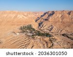 Aerial view of Kibbutz Ein Gedi oasis and nature reserve.