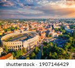 Splendid view at famous european city of Pula and arena of roman time. Location place of Istria county, Croatia, Europe. Wonders of the world. UNESCO world heritage site. Discover the beauty of earth.