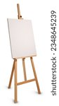 Small photo of Professional painters wooden easel with empty canvas, isolated on white, with minimum drop shadow. Add your own design.