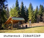 Picnic shelter. Mount Osli vrch, Lubovnianska vrchovina, Slovakia.
