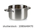 Open stainless steel cooking pot over white background