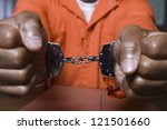 Small photo of Close up of a prisoner hand's fettered with handcuffs