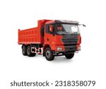 Small photo of New Red Construction Dump truck isolated over white background