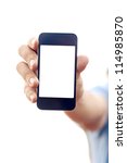 man hand is holding smartphone... | Shutterstock . vector #114985870