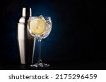 Small photo of Cocktail shaker and gin tonic cocktail on dark background with copy space