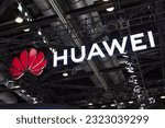 Small photo of BEIJING, CHINA - June 4, 2023: Huawei sign is seen during the PT Expo China 2023 at the China National Convention Center