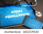 Small photo of Atrial fibrillation (heart disorder) diagnosis medical concept on tablet screen with stethoscope.