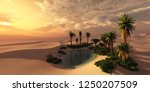 Oasis at sunset in a sandy desert, a panorama of the desert with palm trees,
3d rendering
