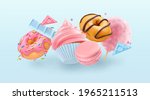 falling cupcake and donuts. 3d... | Shutterstock .eps vector #1965211513