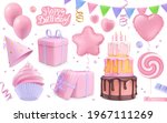 Happy birthday holiday decorations set. 3d vector realistic objects. Toy balloons, heart, star symbols, cupcake, cake, gift box