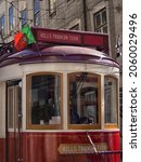 Small photo of LISBON, PORTUGAL - MARCH 06, 2015: Front of tourist tramcar with sign for Hills Tramcar tour