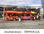 Small photo of Poland, Warsaw - September 7, 2017: Centre of town, townspeople, urban transport, two decker, double-deck bus for tours of city, sight-seeing tour. Places of interest, townsfolk and tourists