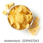 Small photo of Bowl of crispy wavy potato chips or crisps with cheese flavor isolated on white background, top view
