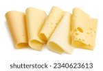 Small photo of Group of different rolled cheese slices isolated on white background. Maasdam, Cheddar, Gouda, Edam, Dutch