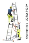 Small photo of Man climbing up a ladder while the other worker watches out for his safety isolated on white background