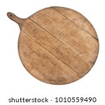 Small photo of Vintage kitchenware. Genuine old wood cutting board, breadboard, isolated on white. Round (more or less) with handle.