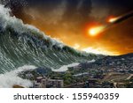 Apocalyptic dramatic background - giant tsunami waves crashing small coastal town, asteroid impact, end of world