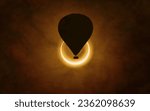 Small photo of Annular solar eclipse in dark red sky. Hot air balloon rising high into sky. Solar eclipse is mysterious natural phenomenon when Moon passes between planet Earth and Sun