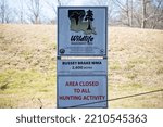 Small photo of BUSSEY BRAKE WILDLIFE MANAGEMENT AREA LOUISIANAUSA – FEBRUARY 28 2022: Sign at the Bussey Brake WMA, noting that the land is owned by the Louisiana Department of Wildlife and Fisheries and The Weyerha