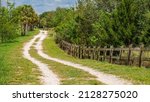 Small photo of Winding multipurpose trail by wooden fence and windbreak in Celery Fields, a regional stormwater facility and conservation area along the Great Florida Birding and Wildlife Trail, in Sarasota, Florida