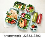 Small photo of Different types of healthy meals in containers, Takeout food menu, top view, copy space