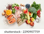Small photo of Balanced diet food background. Nutrition, clean eating food concept. Diet plan with vitamins and minerals.
