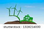 Small photo of Green house, green energy and circular economy concept, green house and wind turbines on grass soil in book shape with sunflowers, on blue sky background.