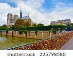 View from Notre Dame de Paris, Seine River and Pont des Arts (Passarelle des Arts) with many locks symbolize love for ever.