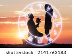 Small photo of Couple Love And Astrology. Zodiac Horoscope. Romantic Proposal